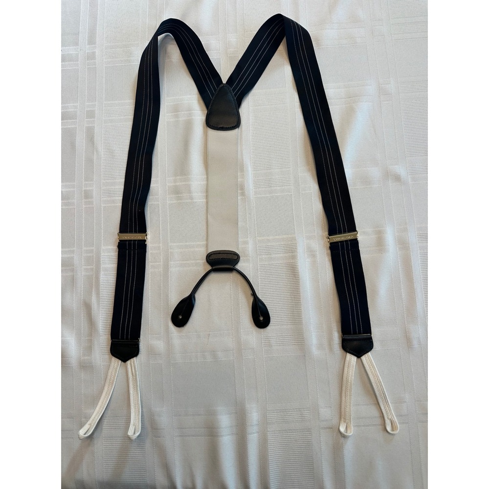 Trafalgar Suspenders Mens OS Black White Striped Y-Back Leather Button Braces